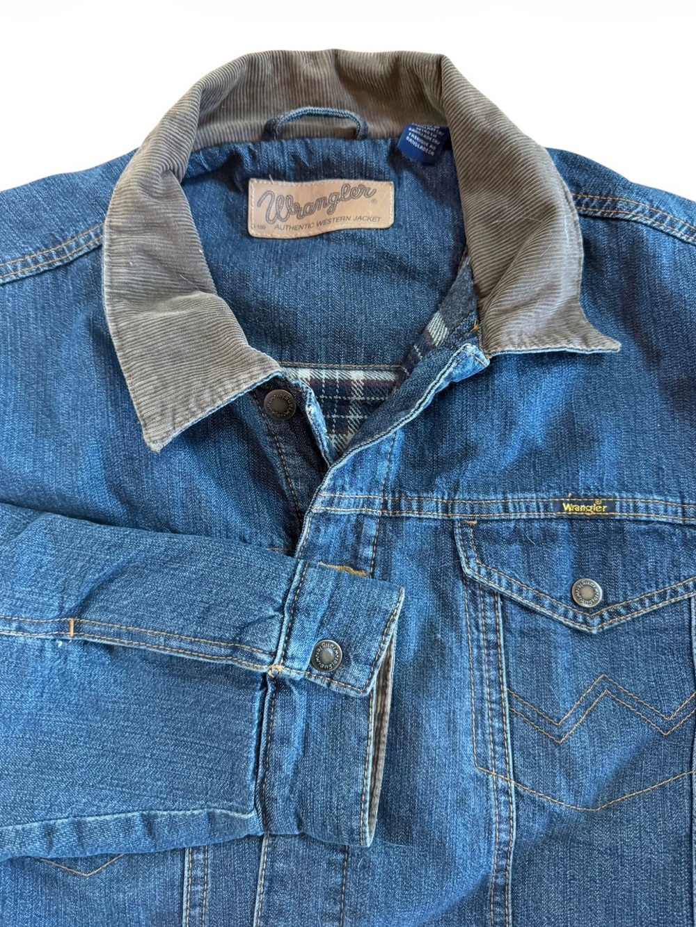 Wrangler dark blue denim jacket with brown leather patch